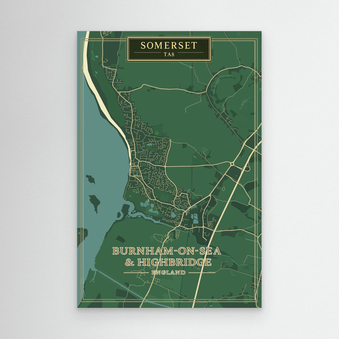 Burnham-on-Sea Map - Green - Canvas